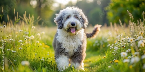 Fluffy, curly-coated sheepadoodle hybrid dog walks in a lush green meadow, ears perked up, and tail wagging, surrounded photo