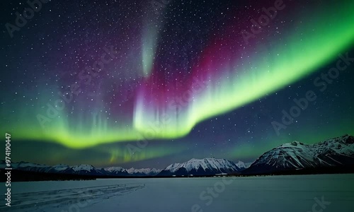 Stunning panoramic view of the Aurora Borealis illuminating the night sky with vibrant colors, a breathtaking natural spectacle.