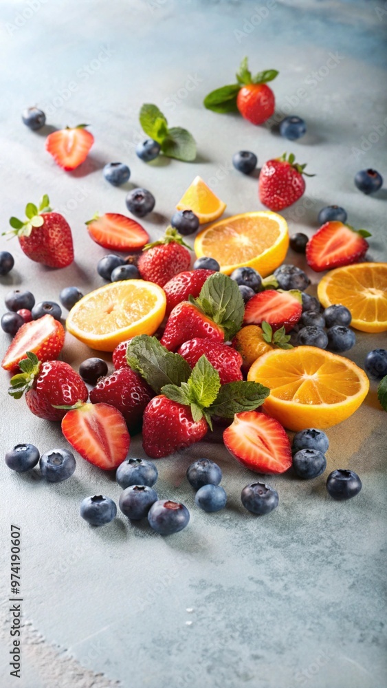 Fresh berries and citrus fruits scattered on light surface, immune-boosting foods Fresh berries and citrus fruits scattered on light surface, immune-boosting foods