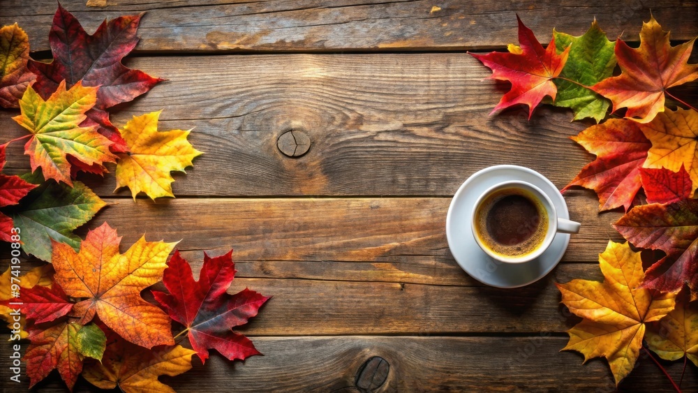 Obraz premium Autumn vibes with colorful leaves scattered around a cozy coffee cup on rustic wood background