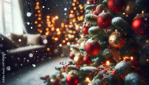 A decorated Christmas tree in a snowy setting featuring red and gold ornaments hanging from its branches in a soft blurred lights in the background