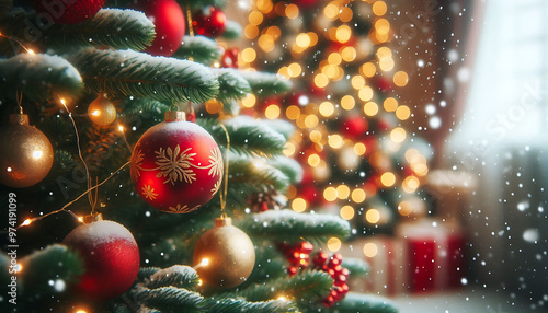 A decorated Christmas tree in a snowy setting featuring red and gold ornaments hanging from its branches in a soft blurred lights in the background