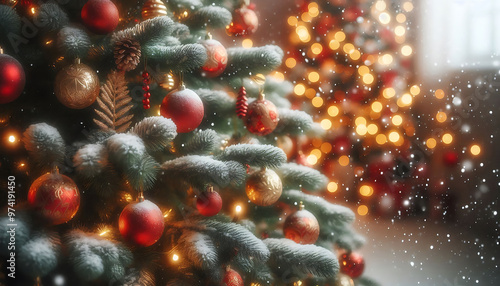 A decorated Christmas tree in a snowy setting featuring red and gold ornaments hanging from its branches in a soft blurred lights in the background