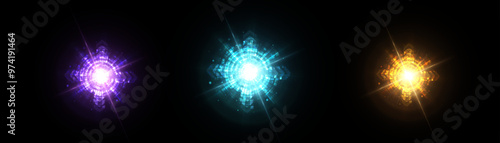 Bright colorful light effects set. Futuristic glow effect for game interface design. Energy universe aura, bright glow, disco glare, space explosion, illuminated stage.	
