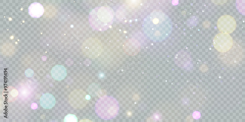Sparkling glare light effects with colorful shimmer. Beautiful lens flare effect with bokeh, glittery particles and rays. Shining abstract background. Vector illustration	

