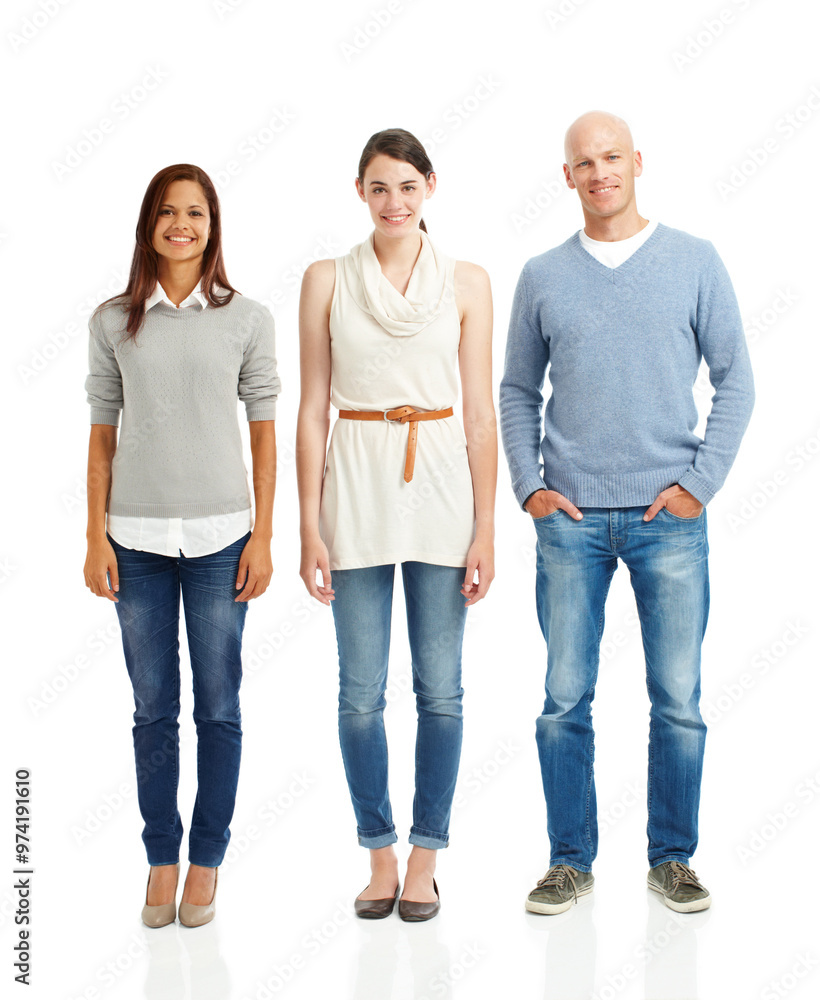 Fashion, diversity and portrait of happy people in studio for casual outfit, confidence or trendy clothes. Denim jeans, group or models with smile for style, satisfaction or pride on white background Fashion, diversity and portrait of happy people in studio for casual outfit, confidence or trendy clothes. Denim jeans, group or models with smile for style, satisfaction or pride on white background