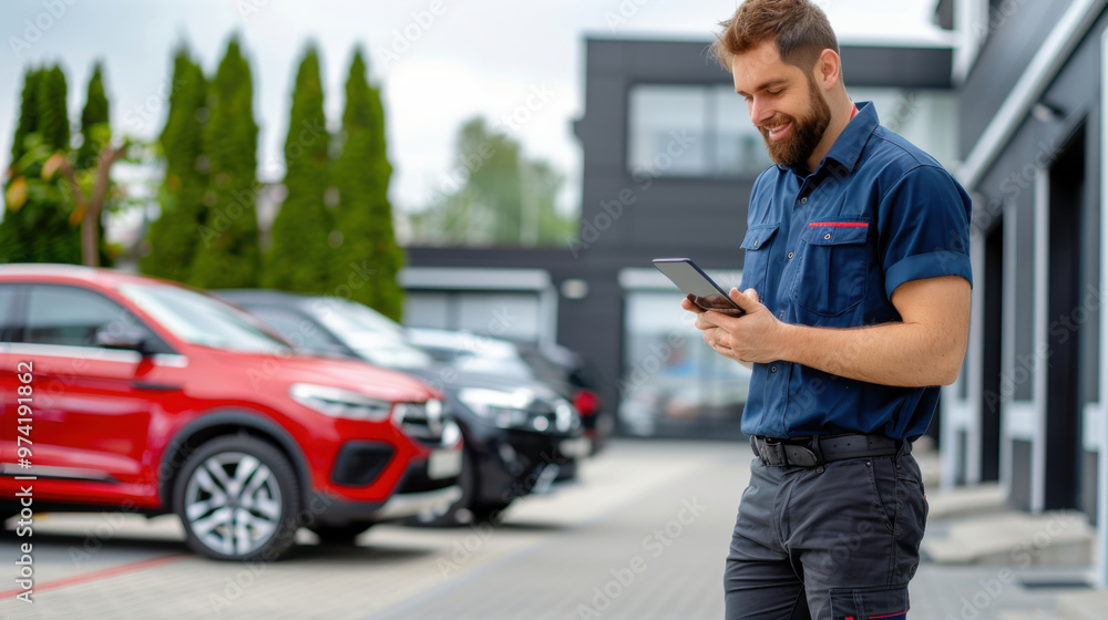Smiling automotive technician uses a tablet in a car dealership lot, showcasing modern tools in the automotive industry. Smiling automotive technician uses a tablet in a car dealership lot, showcasing modern tools in the automotive industry.