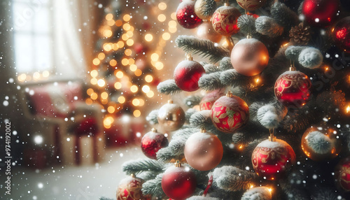 A decorated Christmas tree in a snowy setting featuring red and gold ornaments hanging from its branches in a soft blurred lights in the background