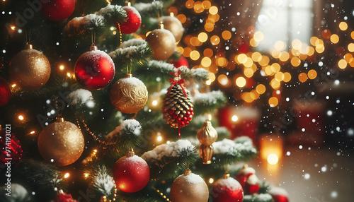 A decorated Christmas tree in a snowy setting featuring red and gold ornaments hanging from its branches in a soft blurred lights in the background