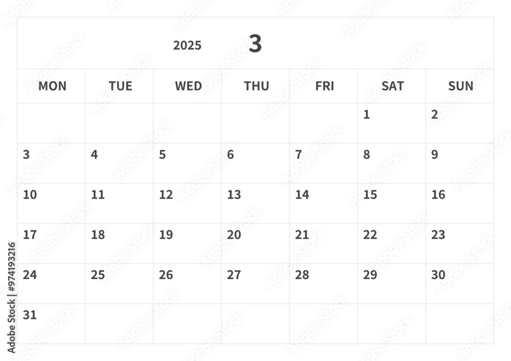 Simple calendar for March 2025, vector, template Simple calendar for March 2025, vector, template