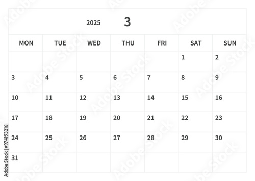 Simple calendar for March 2025, vector, template