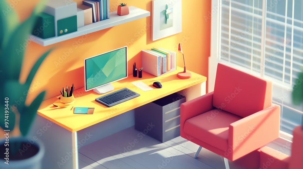 Capture a stylized home office at a dynamic tilt, emphasizing the essence of remote work through vibrant colors and clean lines Capture a stylized home office at a dynamic tilt, emphasizing the essence of remote work through vibrant colors and clean lines