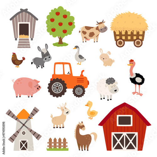 cartoon farm set, flat style
