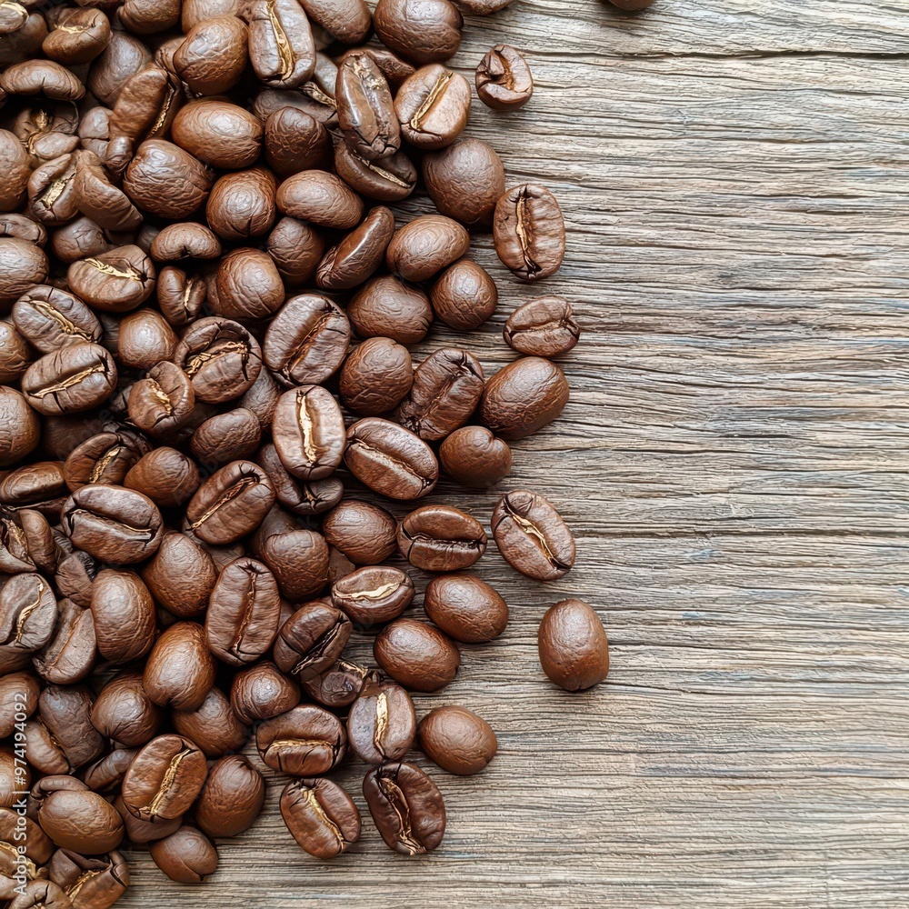 Close-up shot of coffee beans scattered on a vintage wooden table, ideal for capturing the essence of coffee culture, its aromatic richness, and natural textures. Close-up shot of coffee beans scattered on a vintage wooden table, ideal for capturing the essence of coffee culture, its aromatic richness, and natural textures.