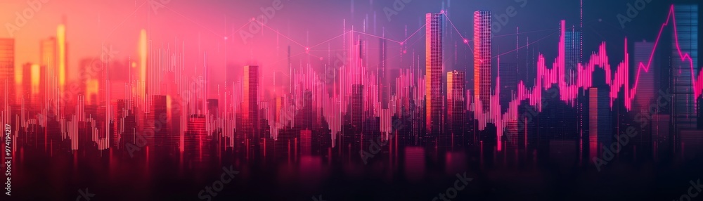Financial Markets: Digital Illustration of Bullish and Bearish Skyscrapers with Glowing Trendlines Reflecting Investor Behavior. Financial Markets: Digital Illustration of Bullish and Bearish Skyscrapers with Glowing Trendlines Reflecting Investor Behavior.