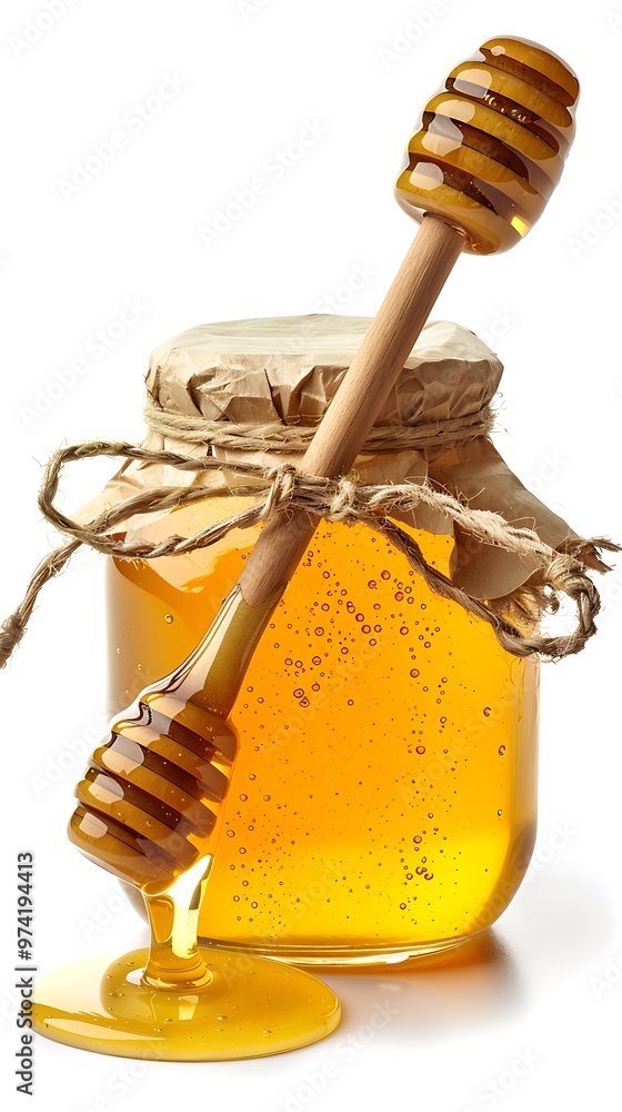 A jar of honey next to a wooden dipper isolated on white background A jar of honey next to a wooden dipper isolated on white background