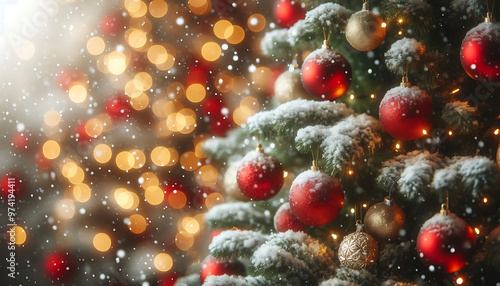 A decorated Christmas tree in a snowy setting featuring red and gold ornaments hanging from its branches in a soft blurred lights in the background