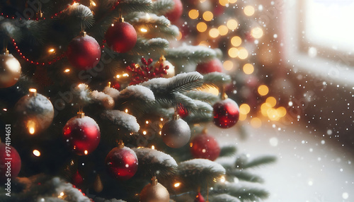 A decorated Christmas tree in a snowy setting featuring red and gold ornaments hanging from its branches in a soft blurred lights in the background