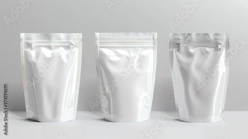 Sleek White Glossy Zip Lock Plastic Bag Mockup Set for Product Packaging, Custom Branding, and High-Quality Design Presentation in Minimalist and Professional Style