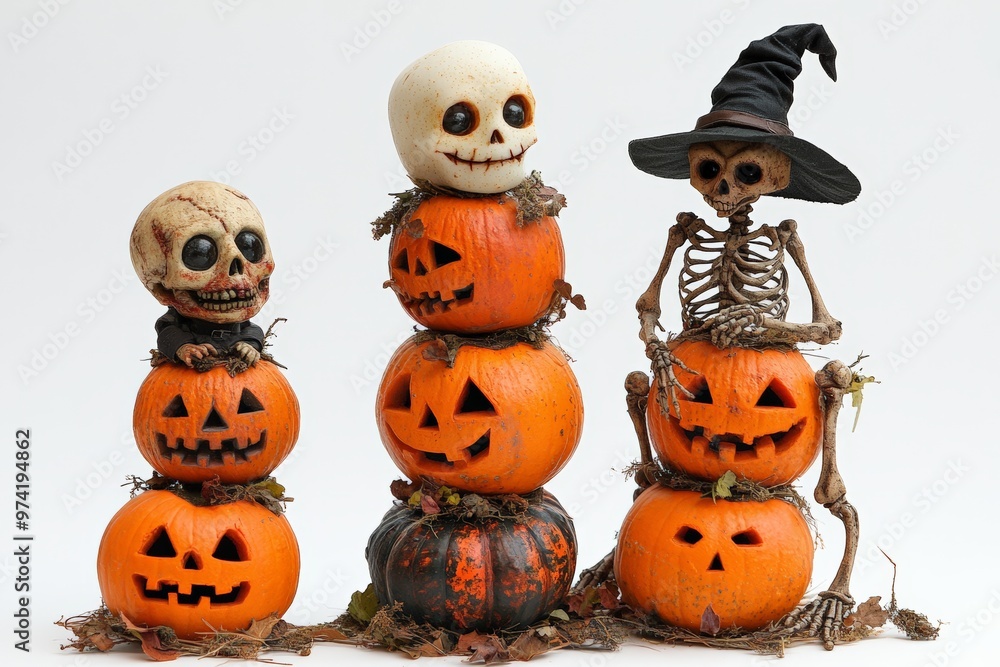 A collection of Halloween-themed decorations, including skeletons, jack-o'-lanterns, and bats, creating a spooky scene. A collection of Halloween-themed decorations, including skeletons, jack-o'-lanterns, and bats, creating a spooky scene.