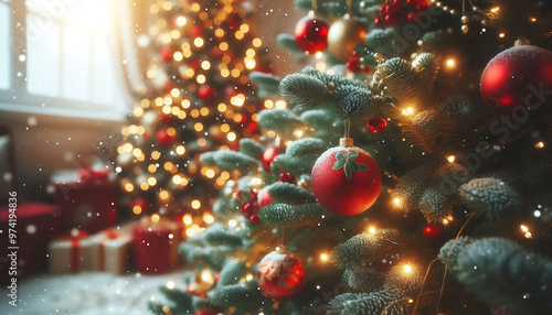 A decorated Christmas tree in a snowy setting featuring red and gold ornaments hanging from its branches in a soft blurred lights in the background