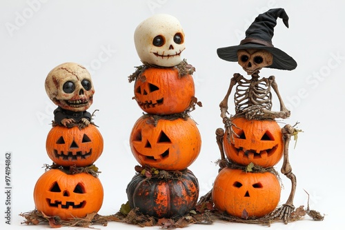 A collection of Halloween-themed decorations, including skeletons, jack-o'-lanterns, and bats, creating a spooky scene.