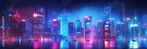 Cyberpunk cityscape with neon lights reflected in the water.