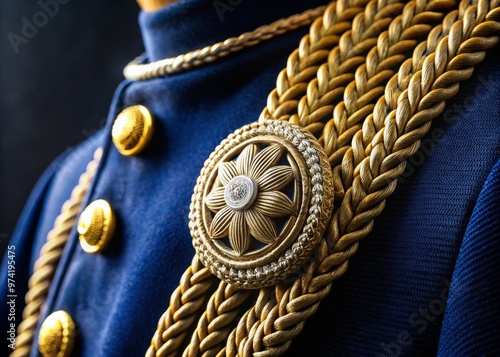 Gold-braided epaulet adorned with intricately designed silver buttons and delicate threads, resting on a luxurious dark
