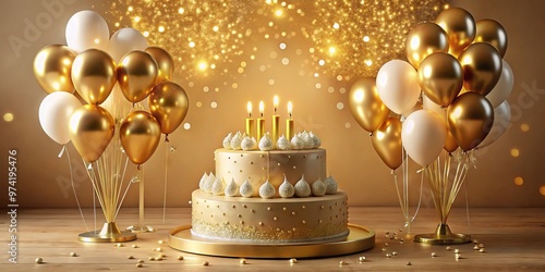 Gold balloons and confetti surround a beautifully decorated tiered cake, adorned with 50 candles, against a warm beige photo