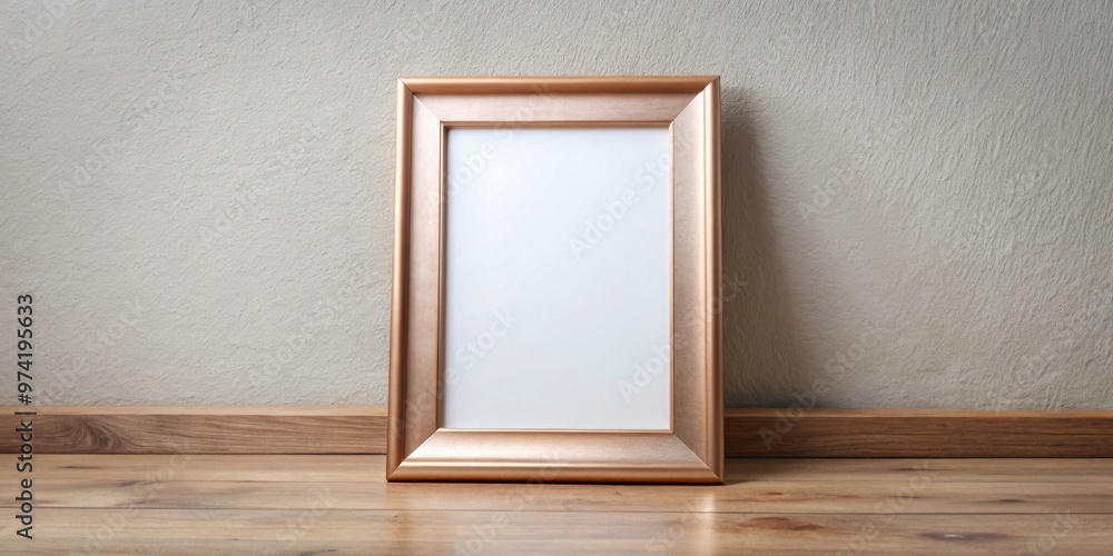 Vertical rose gold empty picture frame with a copper frame mock up on a wooden floor in a Vertical rose gold empty picture frame with a copper frame mock up on a wooden floor in a
