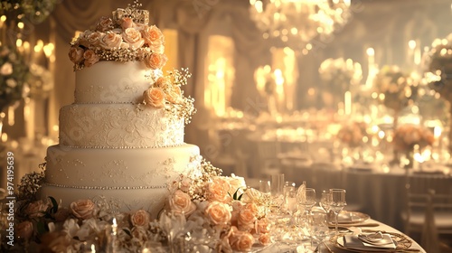 Design a digital artwork of a tilted view of a romantic wedding celebration with a focus on a intricately designed wedding cake and elegant table settings