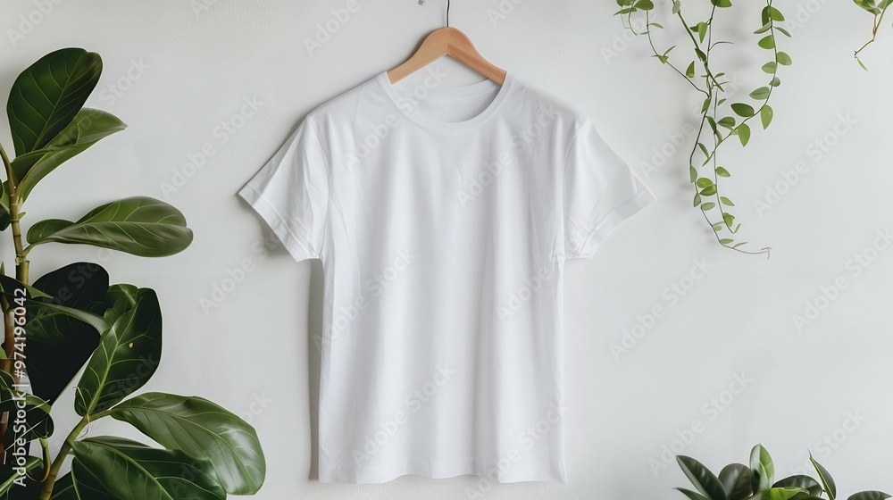 Stylish White T-Shirt Mockup on Hanger with Leaves, Flat Lay Style for Fashion Branding, Custom Apparel Design, and Trendy Product Presentation on Minimalist Background Stylish White T-Shirt Mockup on Hanger with Leaves, Flat Lay Style for Fashion Branding, Custom Apparel Design, and Trendy Product Presentation on Minimalist Background