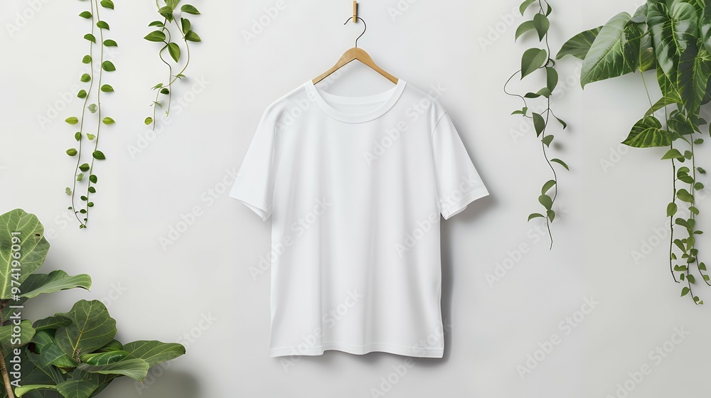 Stylish White T-Shirt Mockup on Hanger with Leaves, Flat Lay Style for Fashion Branding, Custom Apparel Design, and Trendy Product Presentation on Minimalist Background Stylish White T-Shirt Mockup on Hanger with Leaves, Flat Lay Style for Fashion Branding, Custom Apparel Design, and Trendy Product Presentation on Minimalist Background