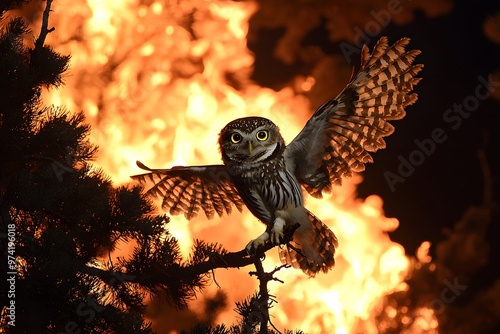 Owl with outstretched wings against intense forest fire backdrop photo