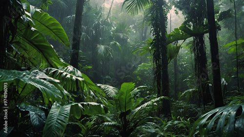 Fototapeta Naklejka Na Ścianę i Meble -  Closeup ferns with giant trees in dark tropical rain forest. Green nature background. 