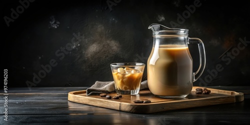 Iced coffee with milk and milk jug on wooden tray, black background with copy space, refreshing drink