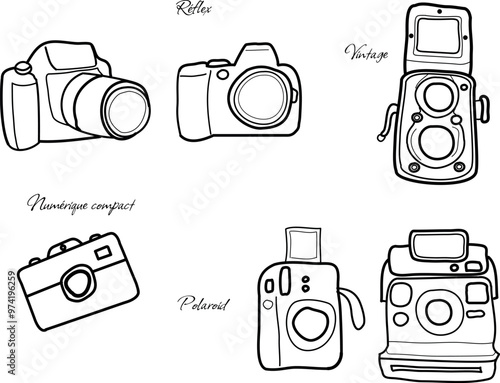 Appareils photos  numérique réflex vintage polaroid instantané lignes vecteur noir