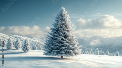 Snow-covered pine tree in serene winter mountain landscape