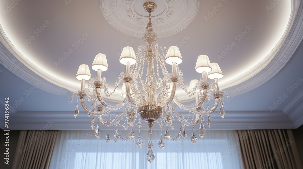 A crystal chandelier hangs from a white ceiling with a decorative cove molding and a white window with curtains in the background. A crystal chandelier hangs from a white ceiling with a decorative cove molding and a white window with curtains in the background.