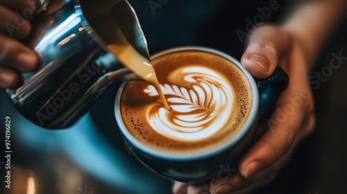 Illustrate a macro view of a baristas hands skillfully pouring steamed milk into a latte art design, showcasing the intricate details of the frothy foam against the rich espresso