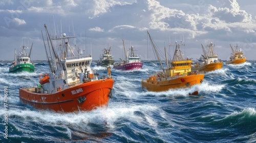 A fleet of fishing boats navigate through choppy seas under a cloudy sky.