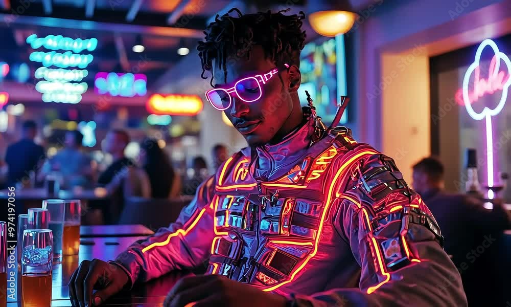 Man in neon outfit at futuristic nightclub with ai generated.
Man in neon outfit at futuristic nightclub with ai generated.