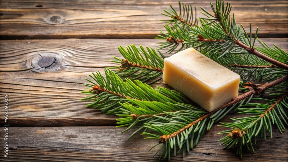 Pine soap and branches on rustic wooden background Pine soap and branches on rustic wooden background