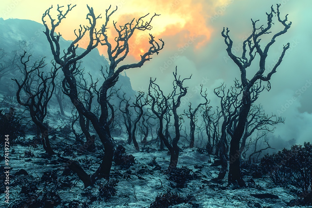 Eerie charred forest at twilight with smoky skies and bare trees