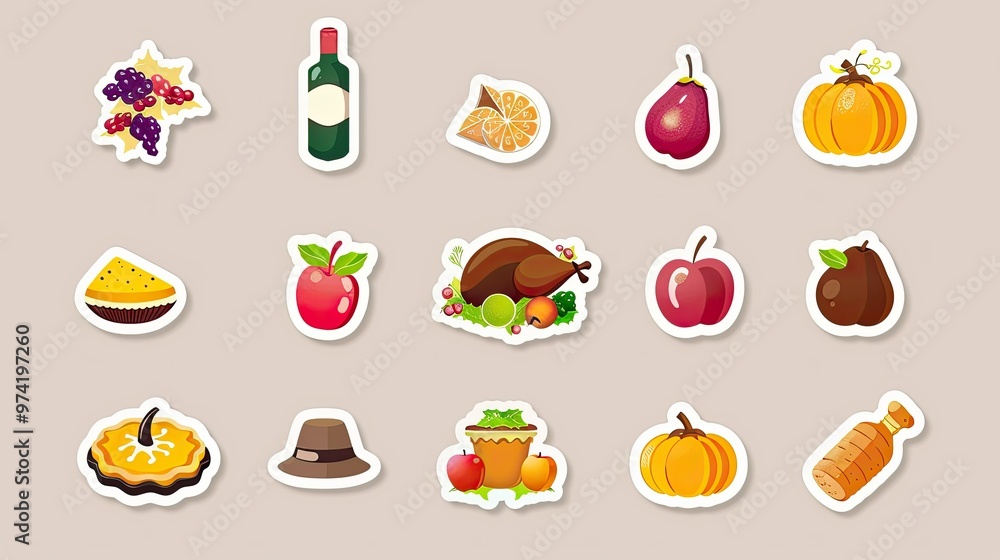 Stickers with images of a turkey and pie, a wine bottle, a pumpkin patch Stickers with images of a turkey and pie, a wine bottle, a pumpkin patch