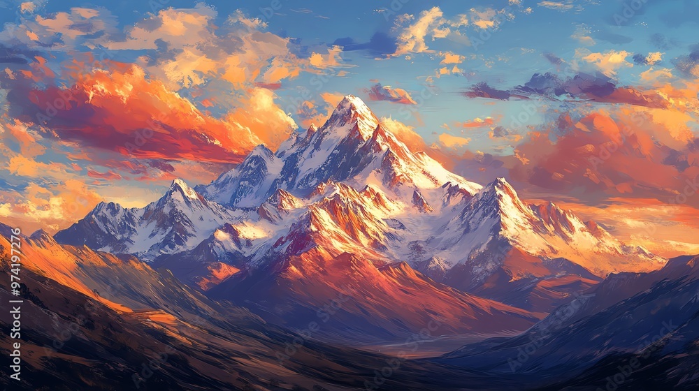 Illustrate a panoramic vista of a scenic sunset behind majestic snow-capped mountains, painting the sky in a melange of warm colors blending into the cool blues of twilight Illustrate a panoramic vista of a scenic sunset behind majestic snow-capped mountains, painting the sky in a melange of warm colors blending into the cool blues of twilight