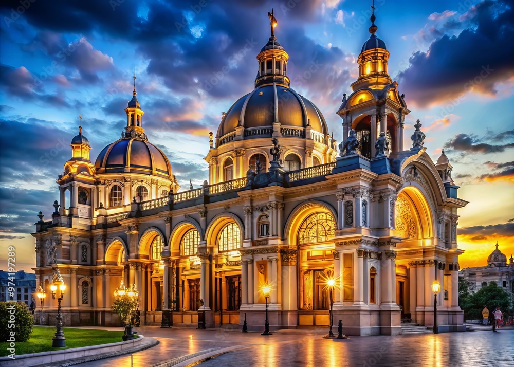 Grandiose 19th-century building with ornate façade, sweeping arches, and majestic domes, magnificently illuminated at Grandiose 19th-century building with ornate façade, sweeping arches, and majestic domes, magnificently illuminated at