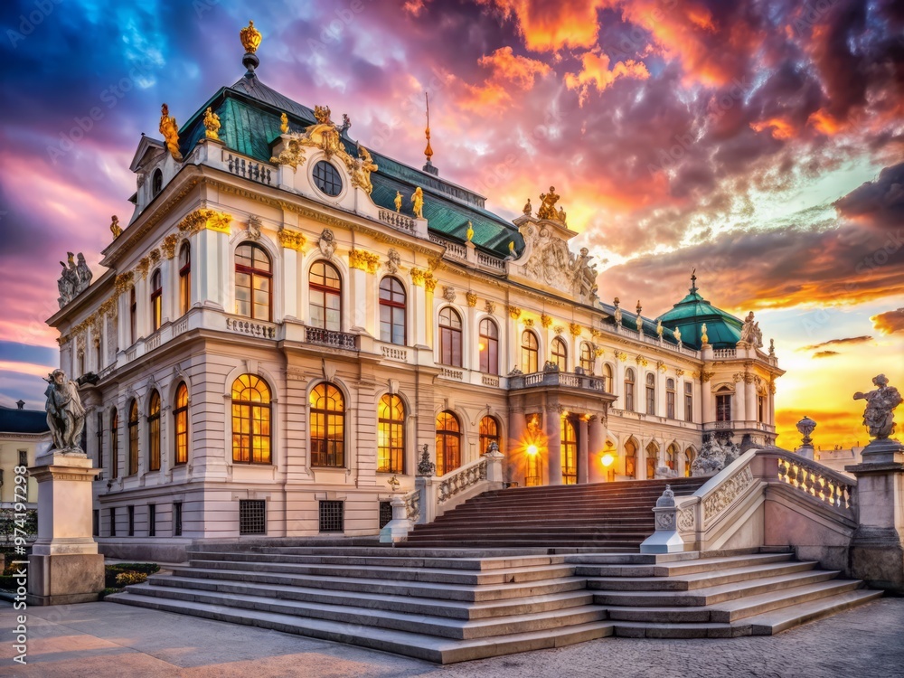 Fototapeta premium Grandiose Baroque palace with ornate architecture, majestic staircase, and opulent chandeliers, set against a vibrant