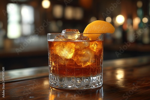 Old Fashioned presented on an oak bar top in a classic American speakeasy