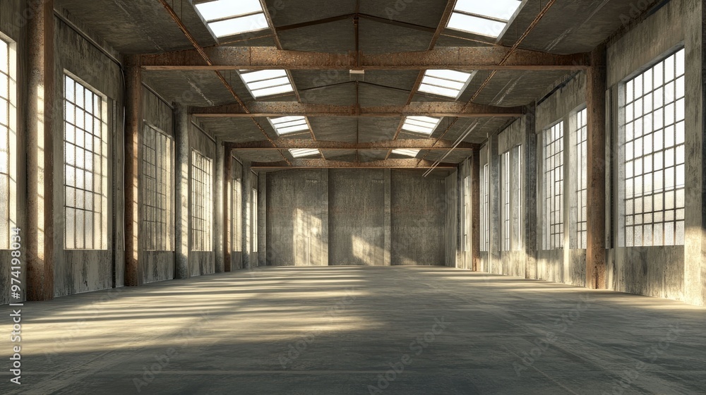 A large, empty warehouse with concrete floors and steel beams, featuring a row of windows on either side, allowing natural light to flood the space. A large, empty warehouse with concrete floors and steel beams, featuring a row of windows on either side, allowing natural light to flood the space.